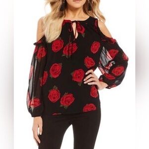 Sanctuary Cold Shoulder Rose Printed Blouse - Black/Red - Size Large - EUC